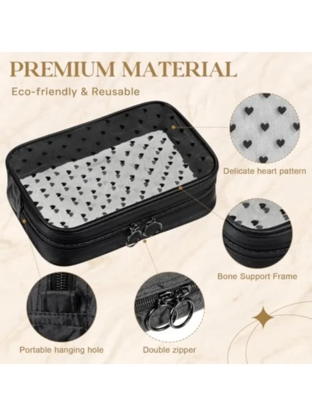 4 Pcs Heart Mesh Toiletry Bags Set - Makeup Organizer, 3 Sizes, Black
